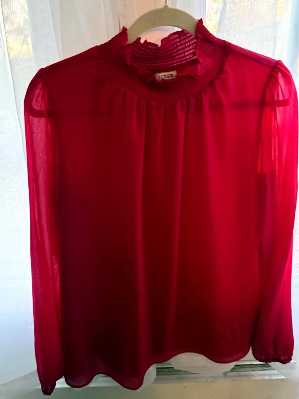 J.Crew Pink Chiffon Smocked Ruffle Mock Neck Blouse Sheer Long Sleeve Size S